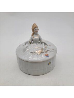 Vintage Japanese Porcelain Victorian Lady Dresser Box With Floral Accents & Gold